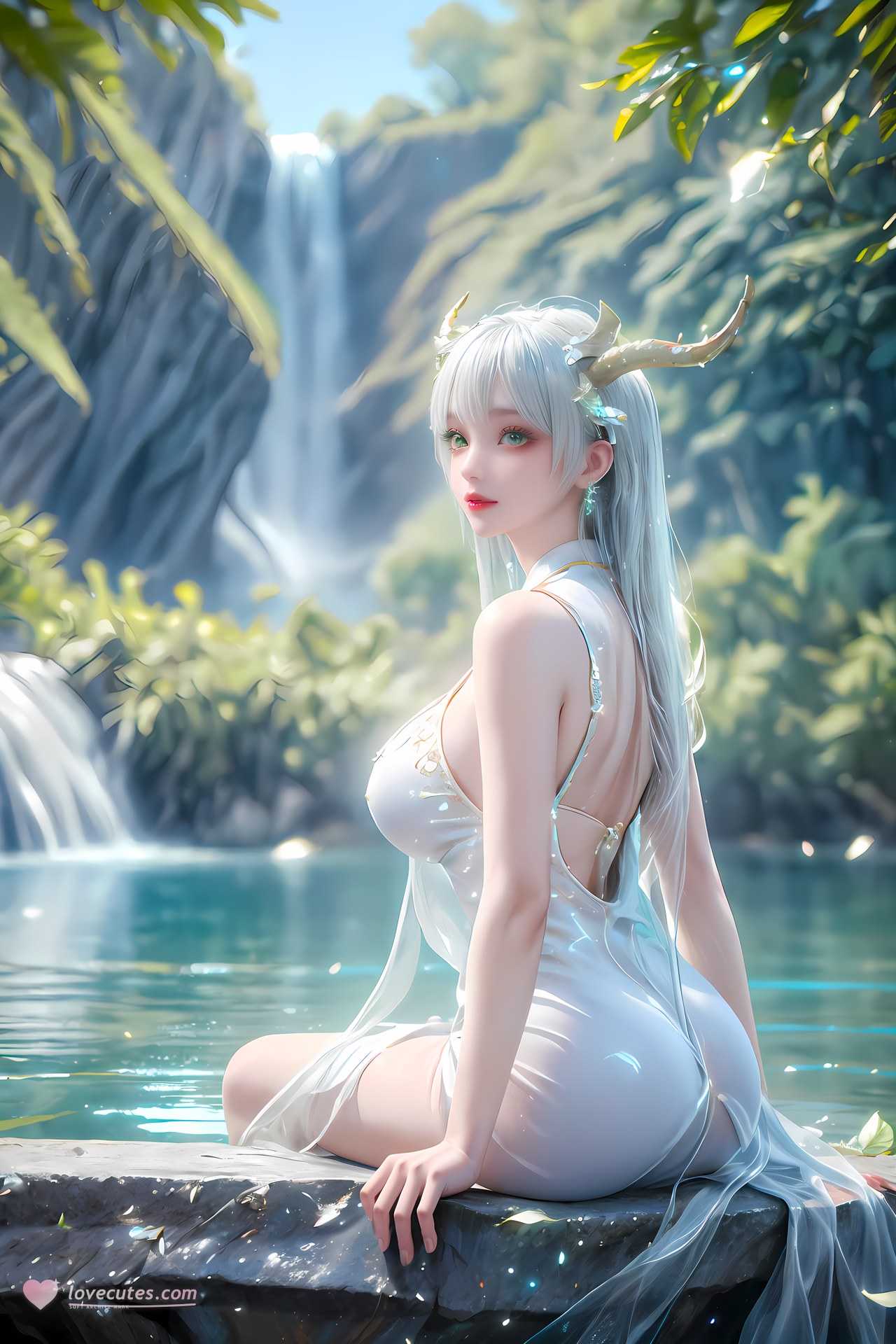AI Nudes - Hư Thiên Thần Đằng tóc trắng sừng hươu rừng suối 73P
