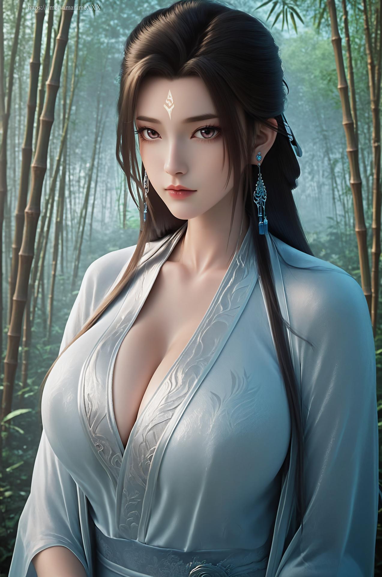 AI Nudes - Lục Tuyết Kỳ cổ trang trắng xanh trong rừng tre 196P