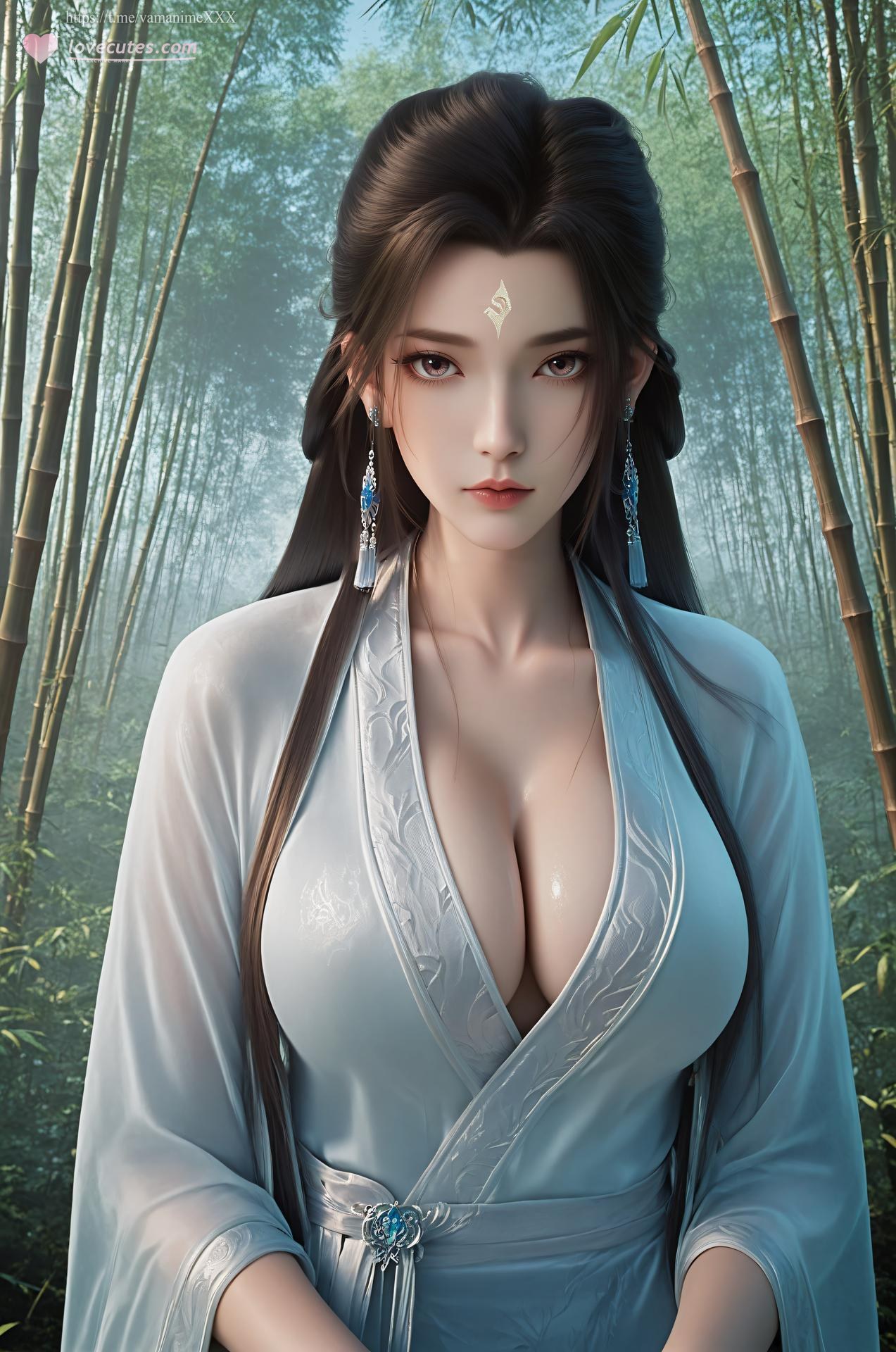 AI Nudes - Lục Tuyết Kỳ cổ trang trắng xanh trong rừng tre 196P