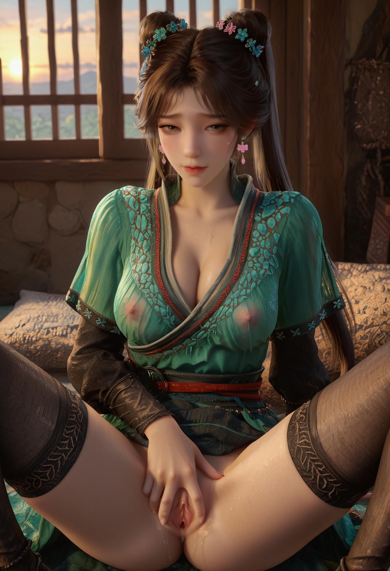 AI Porn - Mai Ngưng Phàm Nhân Tu Tiên tóc hai bên cổ trang xanh bộ ảnh người lớn AI 307P