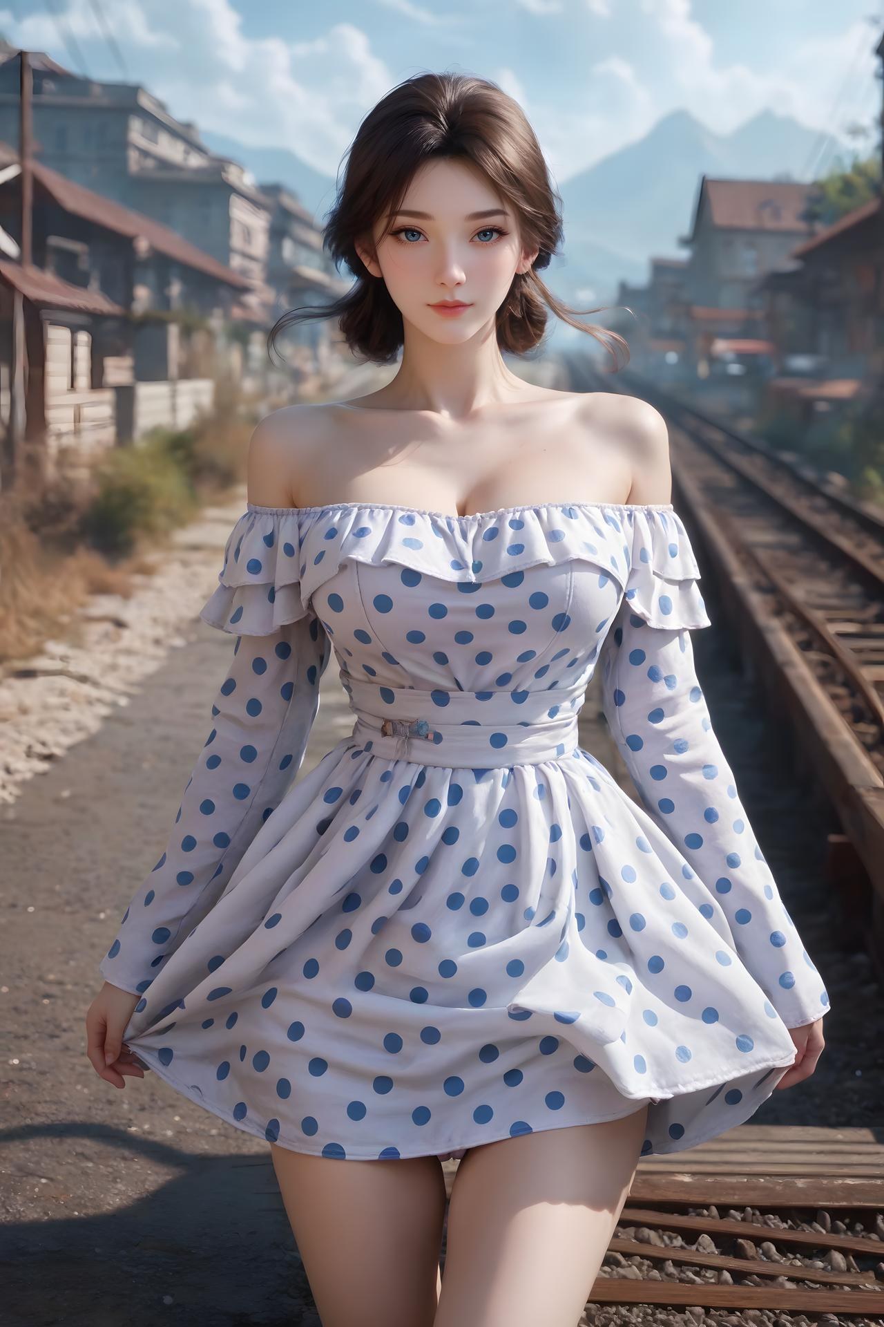 AI Nudes - Cẩm Nương váy chấm bi xanh trắng bên đường ray 99P