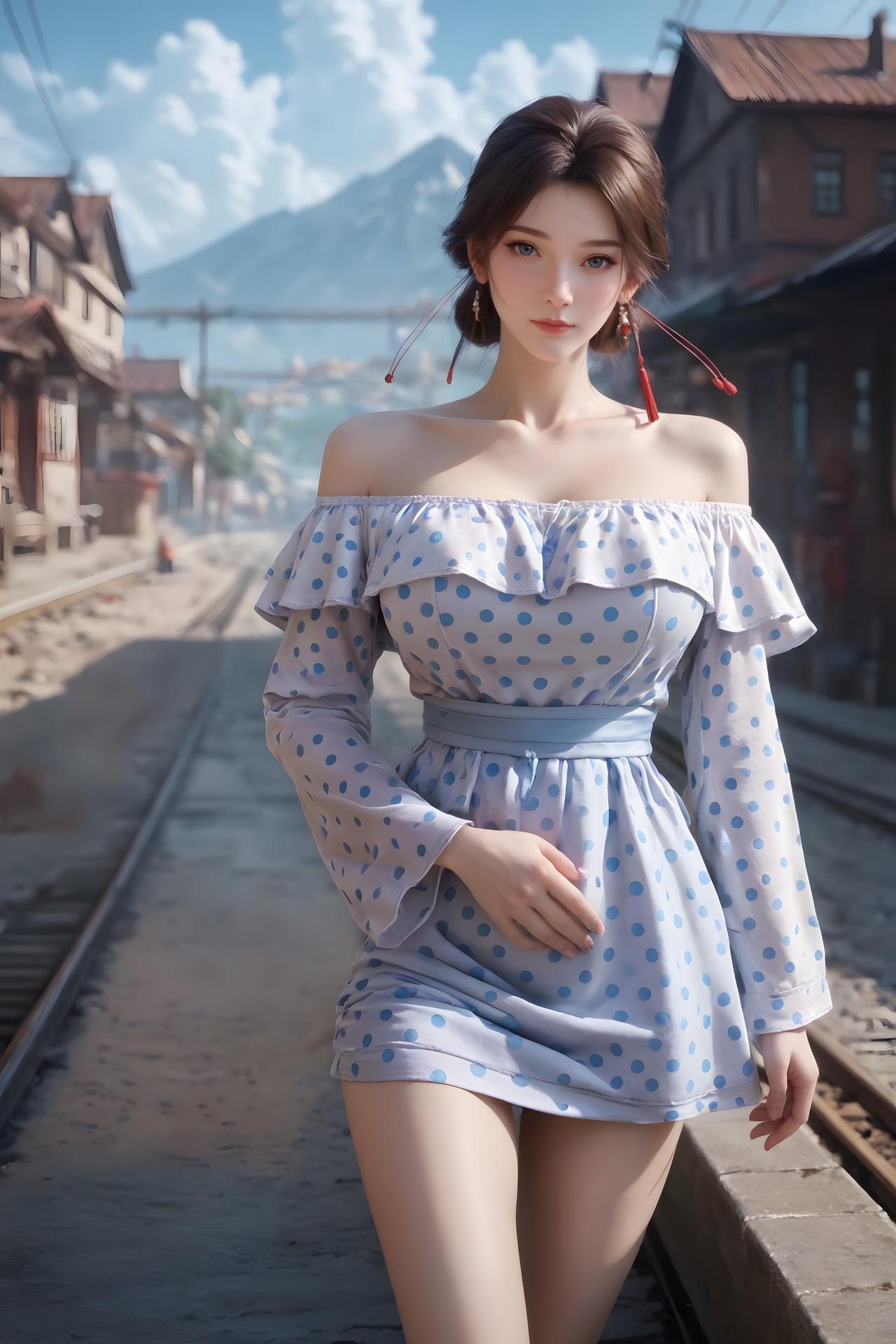 AI Nudes - Cẩm Nương váy chấm bi xanh trắng bên đường ray 99P