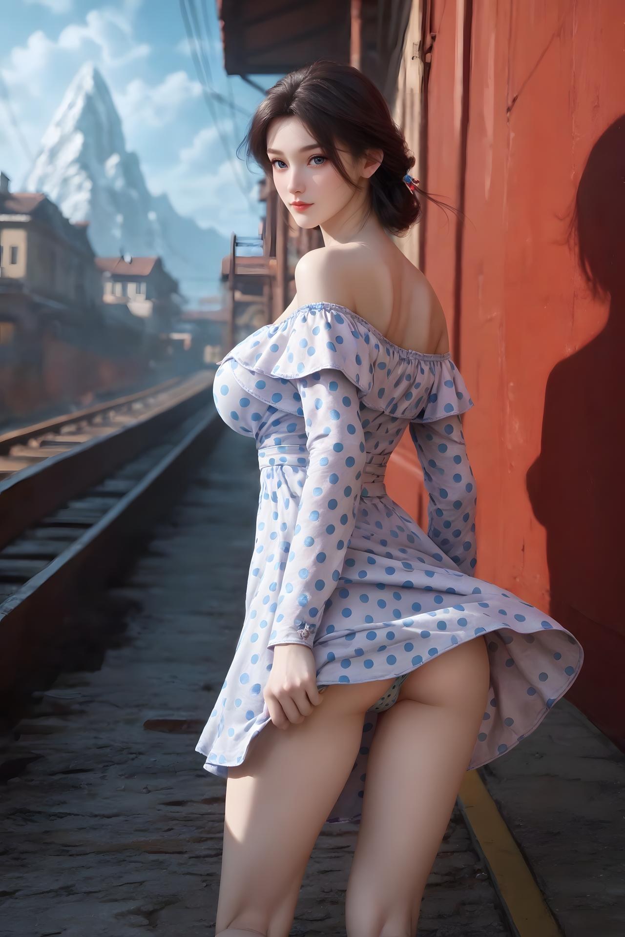 AI Nudes - Cẩm Nương váy chấm bi xanh trắng bên đường ray 99P