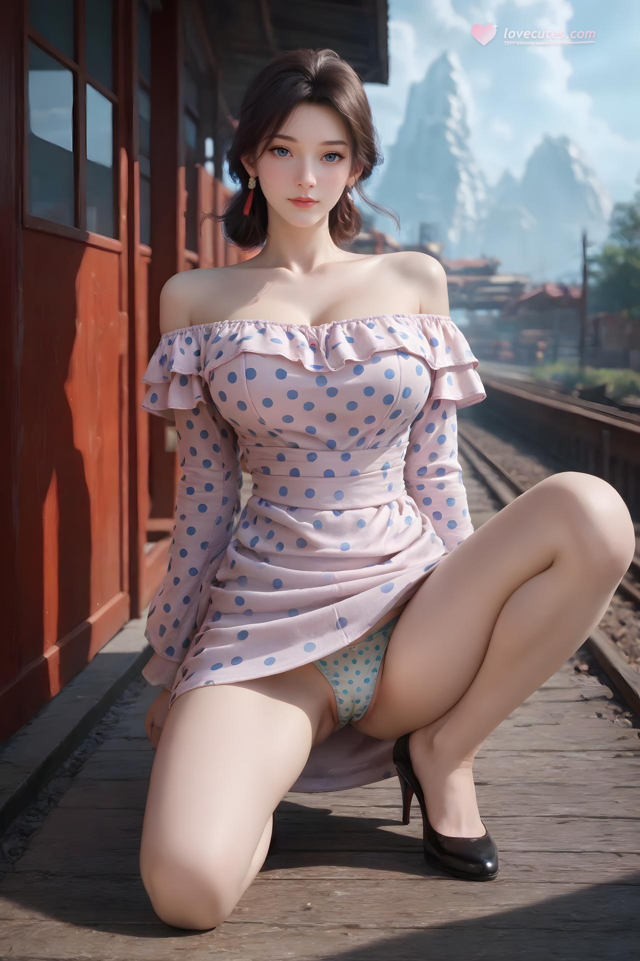 AI Nudes - Cẩm Nương váy chấm bi xanh trắng bên đường ray 99P
