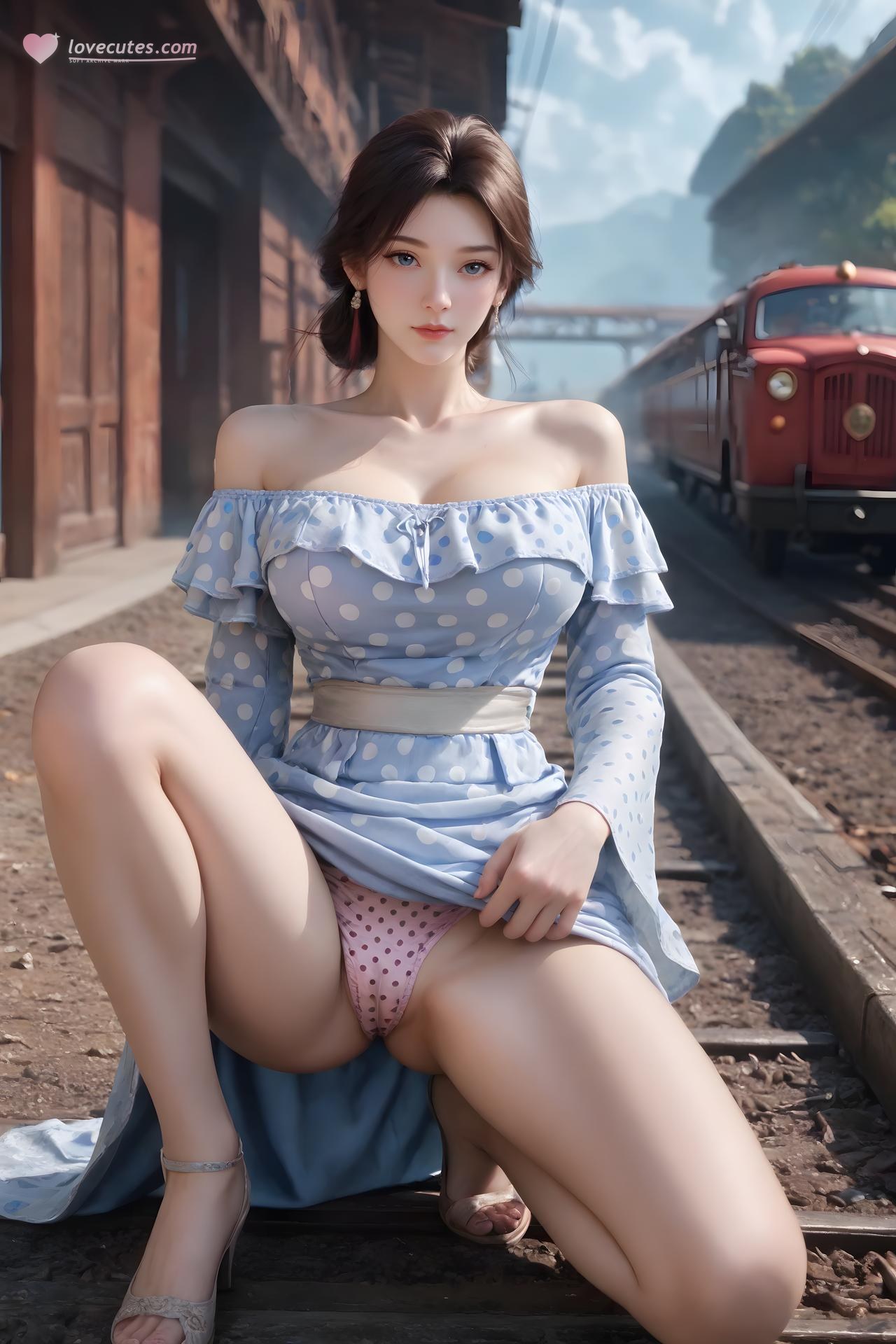 AI Nudes - Cẩm Nương váy chấm bi xanh trắng bên đường ray 99P