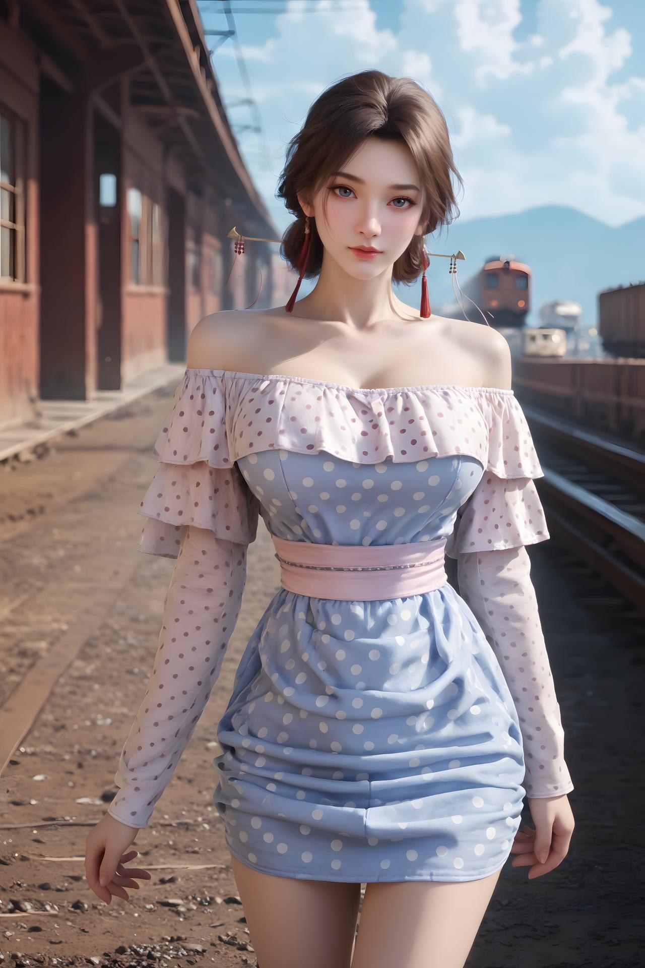 AI Nudes - Cẩm Nương váy chấm bi xanh trắng bên đường ray 99P