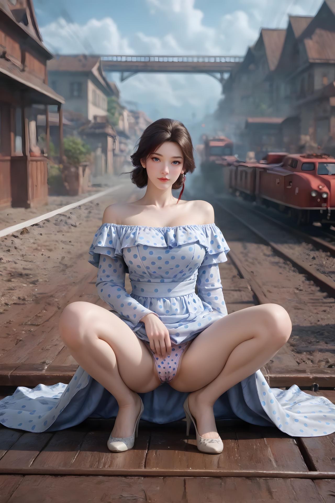 AI Nudes - Cẩm Nương váy chấm bi xanh trắng bên đường ray 99P