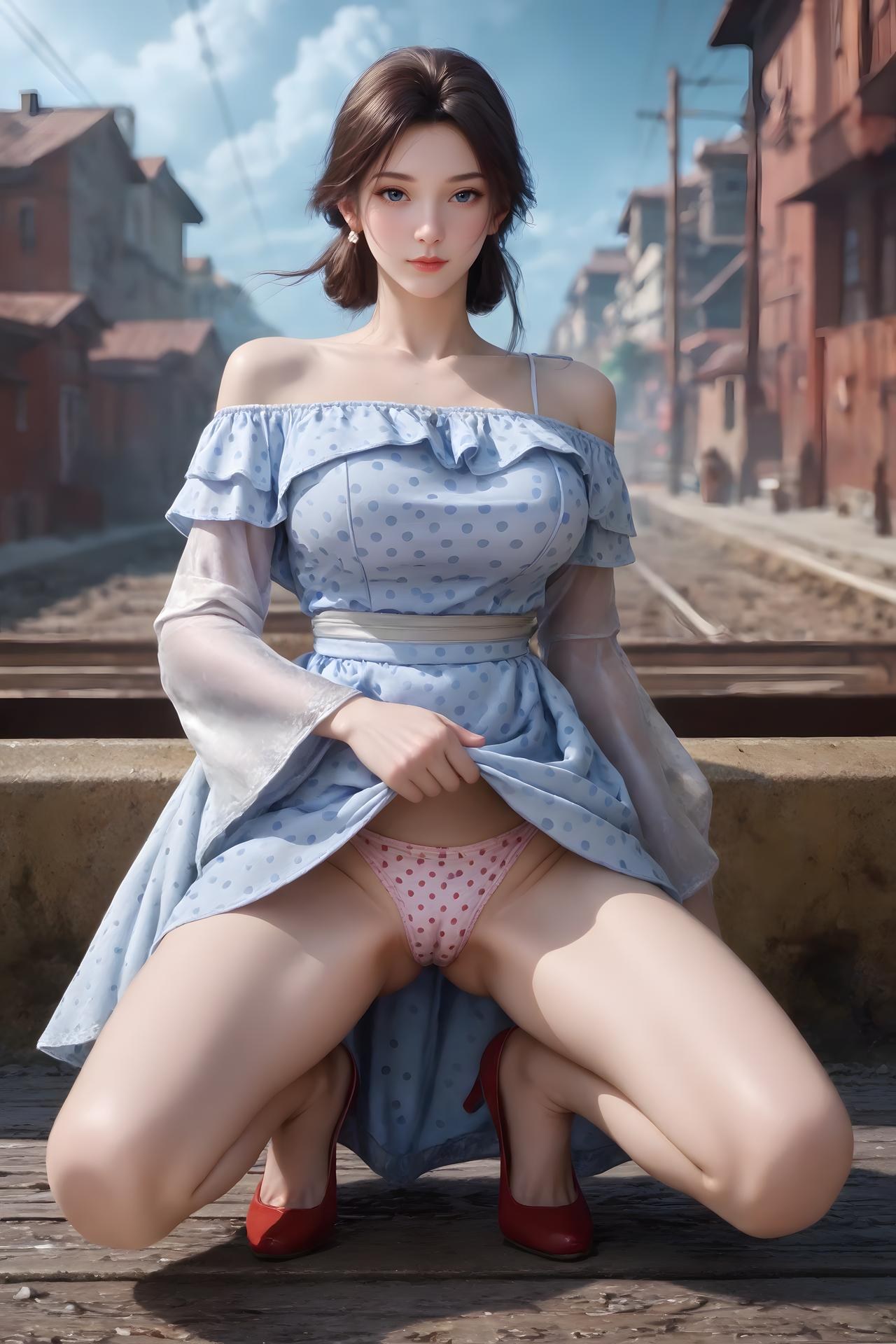 AI Nudes - จิ่นเหนียง เดรสลายจุดฟ้าขาวริมรางรถไฟ 99P