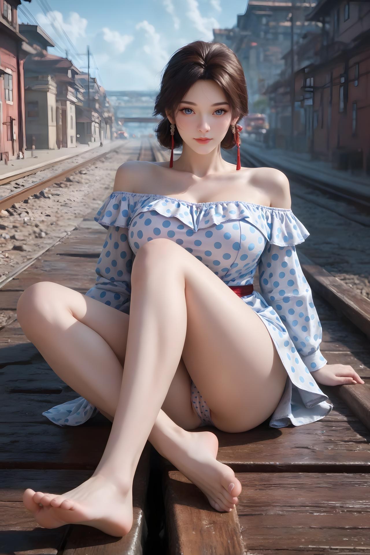 AI Nudes - จิ่นเหนียง เดรสลายจุดฟ้าขาวริมรางรถไฟ 99P