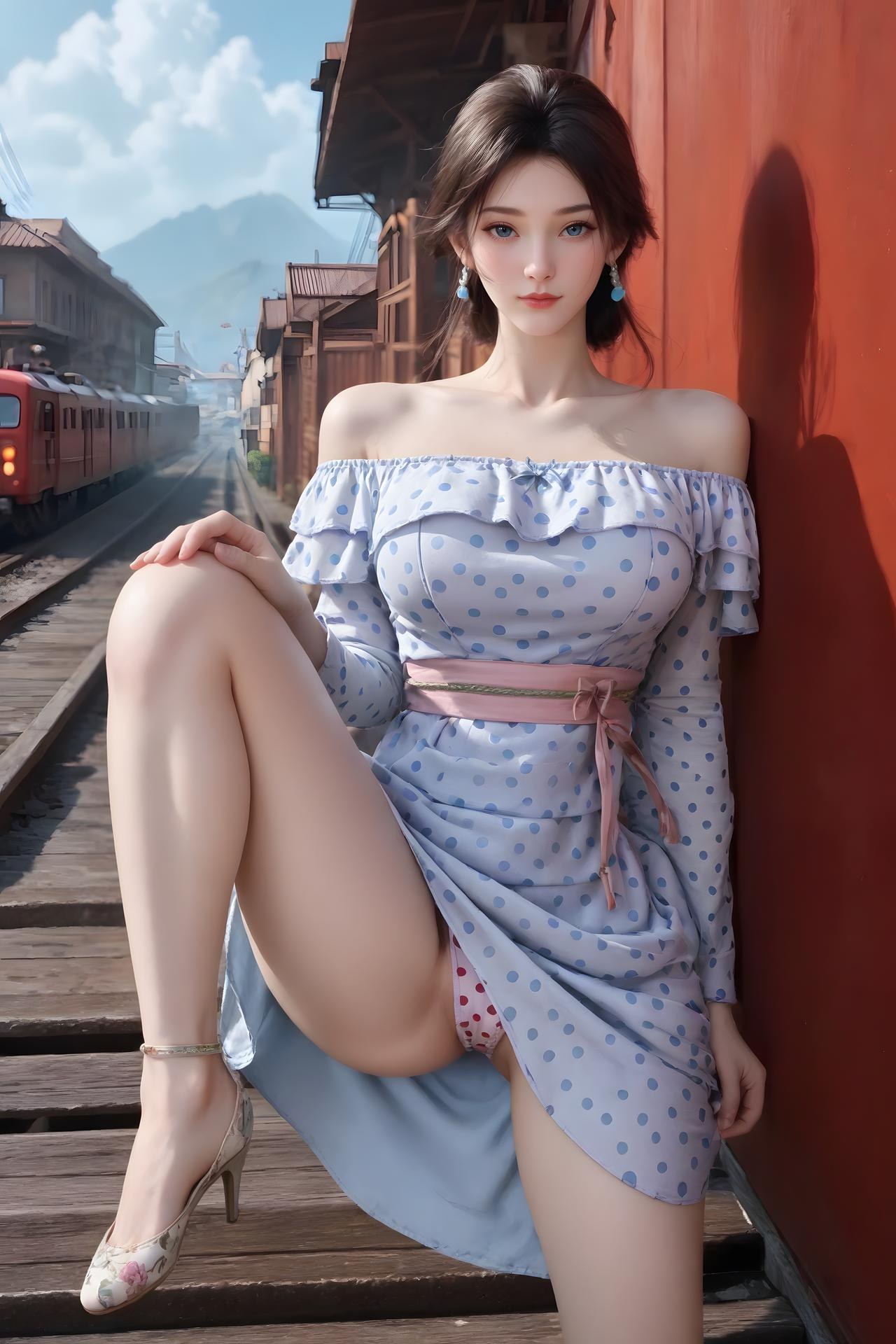 AI Nudes - จิ่นเหนียง เดรสลายจุดฟ้าขาวริมรางรถไฟ 99P