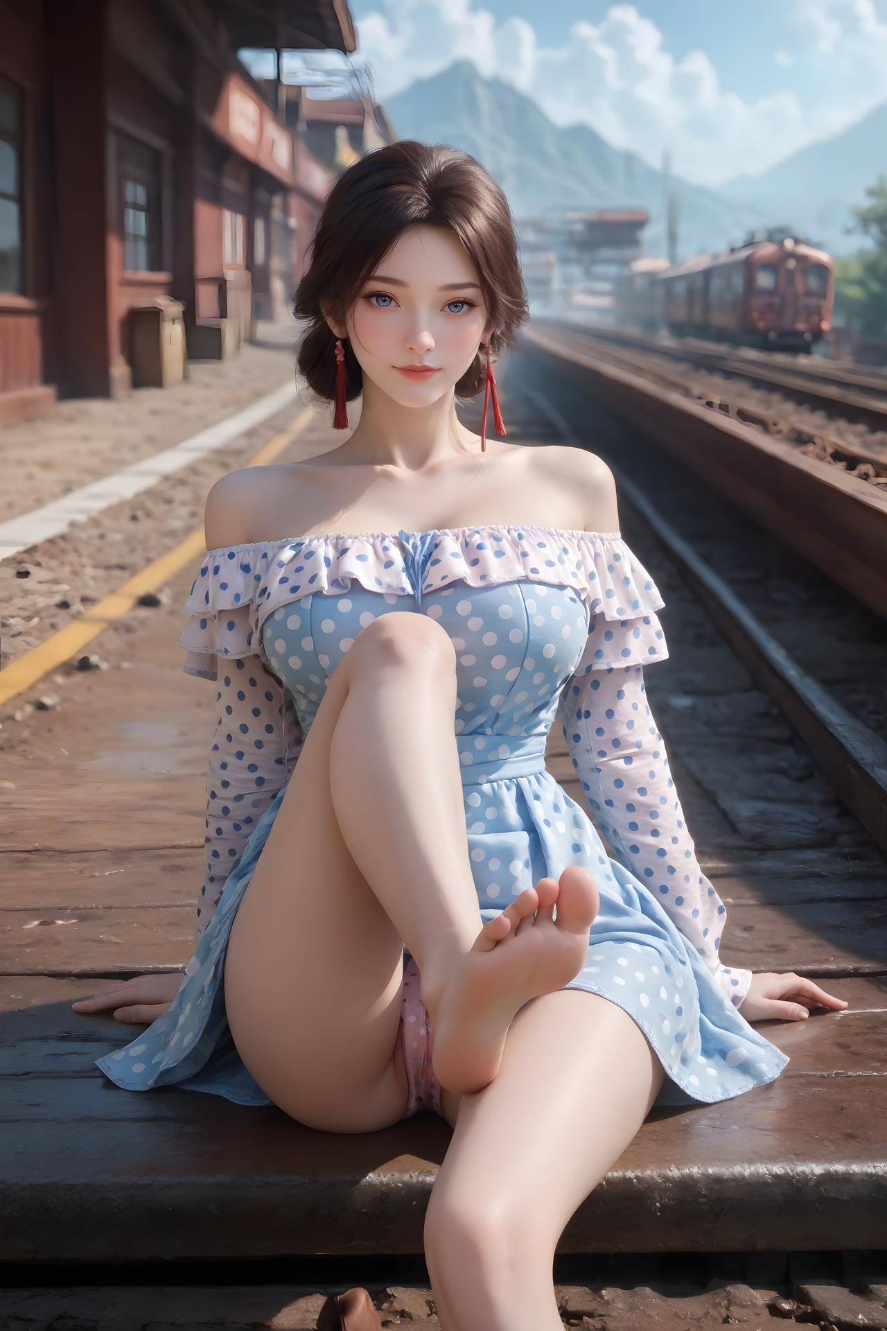 AI Nudes - จิ่นเหนียง เดรสลายจุดฟ้าขาวริมรางรถไฟ 99P