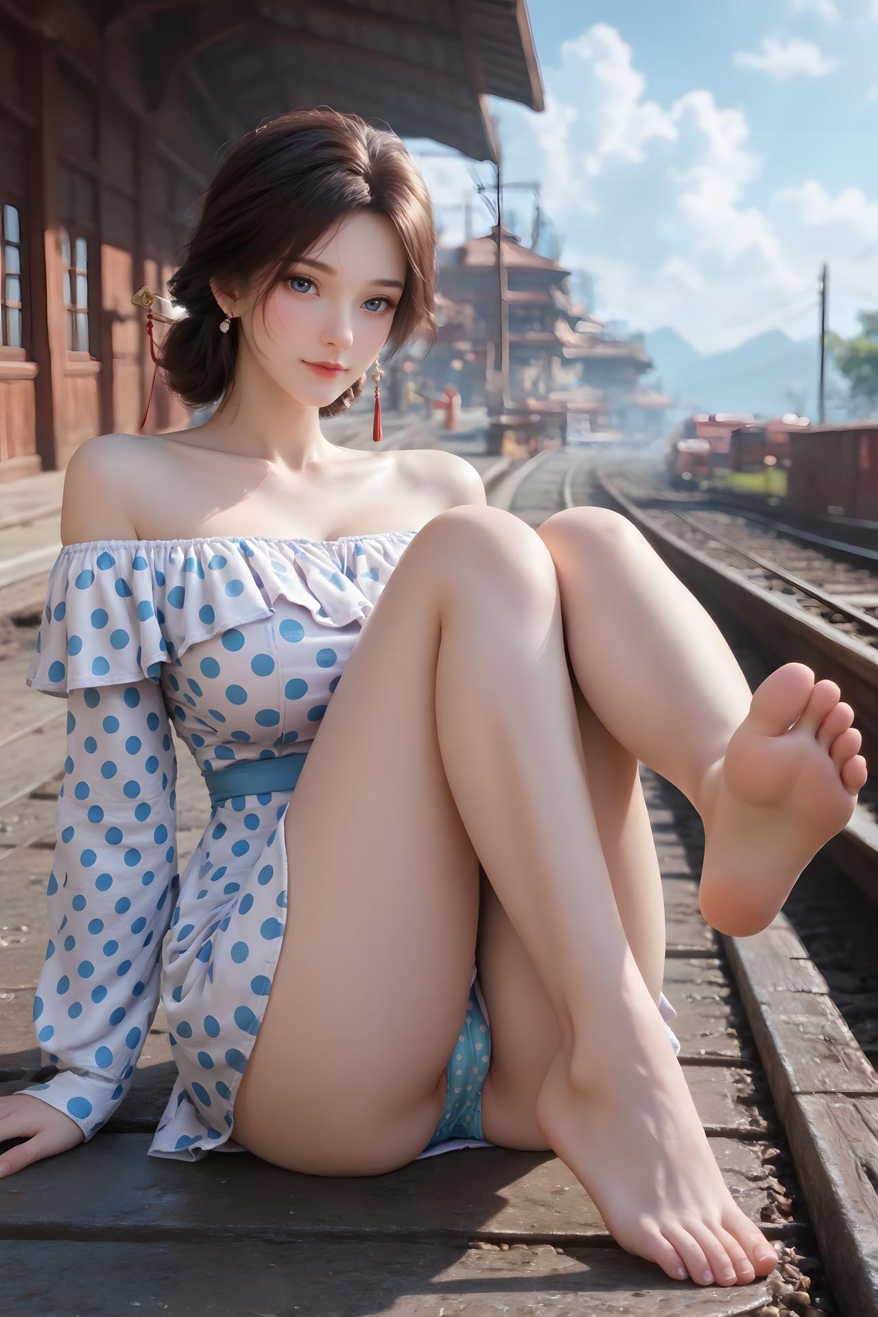 AI Nudes - จิ่นเหนียง เดรสลายจุดฟ้าขาวริมรางรถไฟ 99P