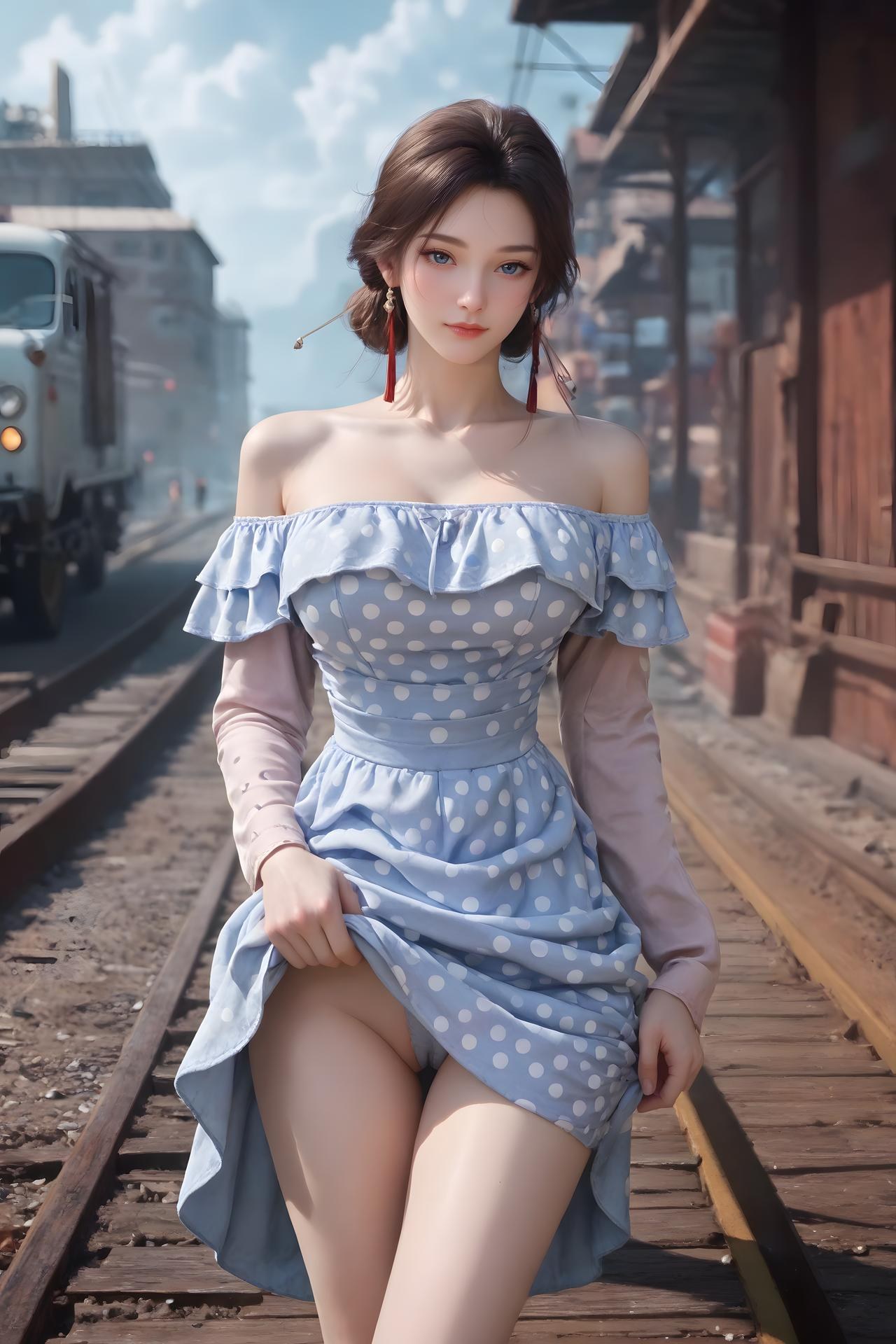 AI Nudes - 금낭 파란 도트 철도 AI 누드 갤러리 99P