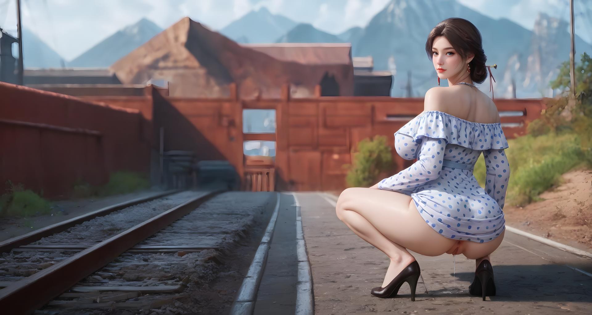 AI Nudes - 금낭 파란 도트 철도 AI 누드 갤러리 99P