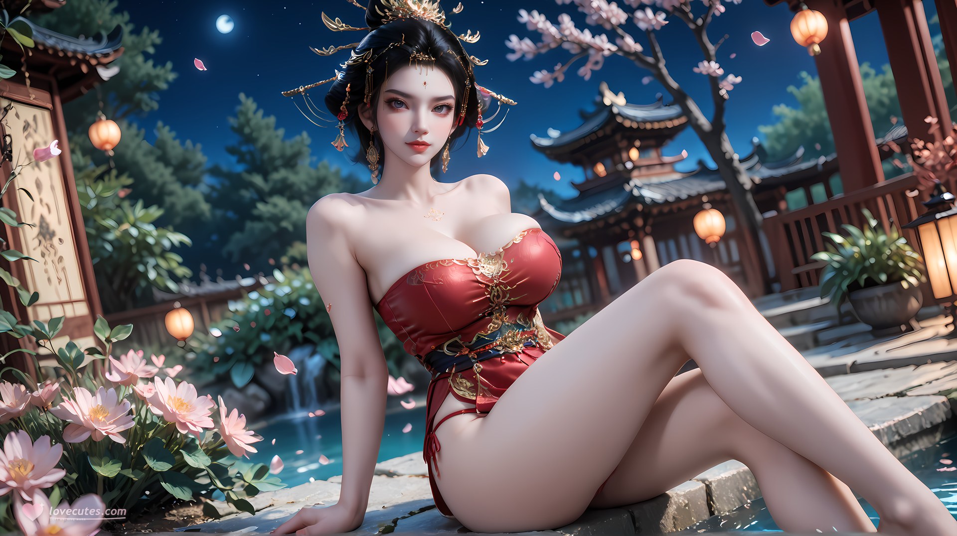 AI Nudes - 장락황후 레드 골드 궁정 수변 AI 누드 갤러리 95P