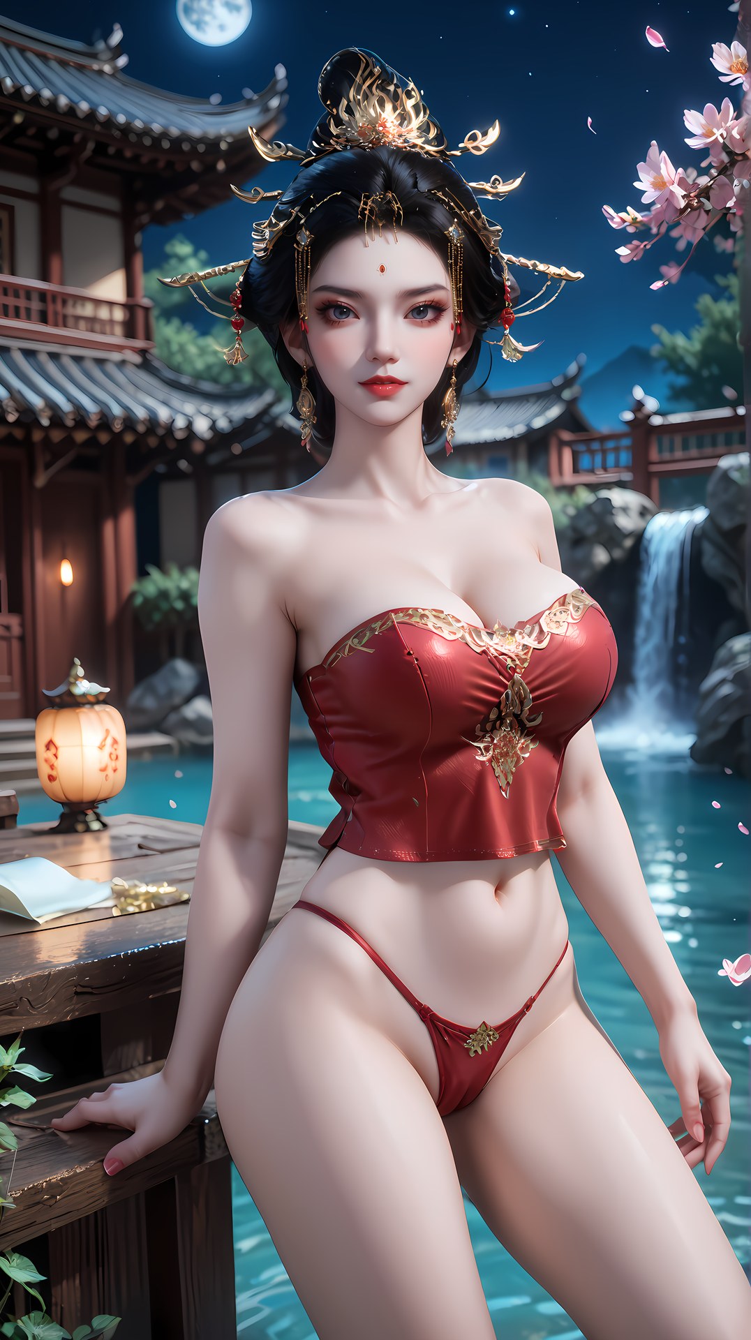 AI Nudes - 장락황후 레드 골드 궁정 수변 AI 누드 갤러리 95P