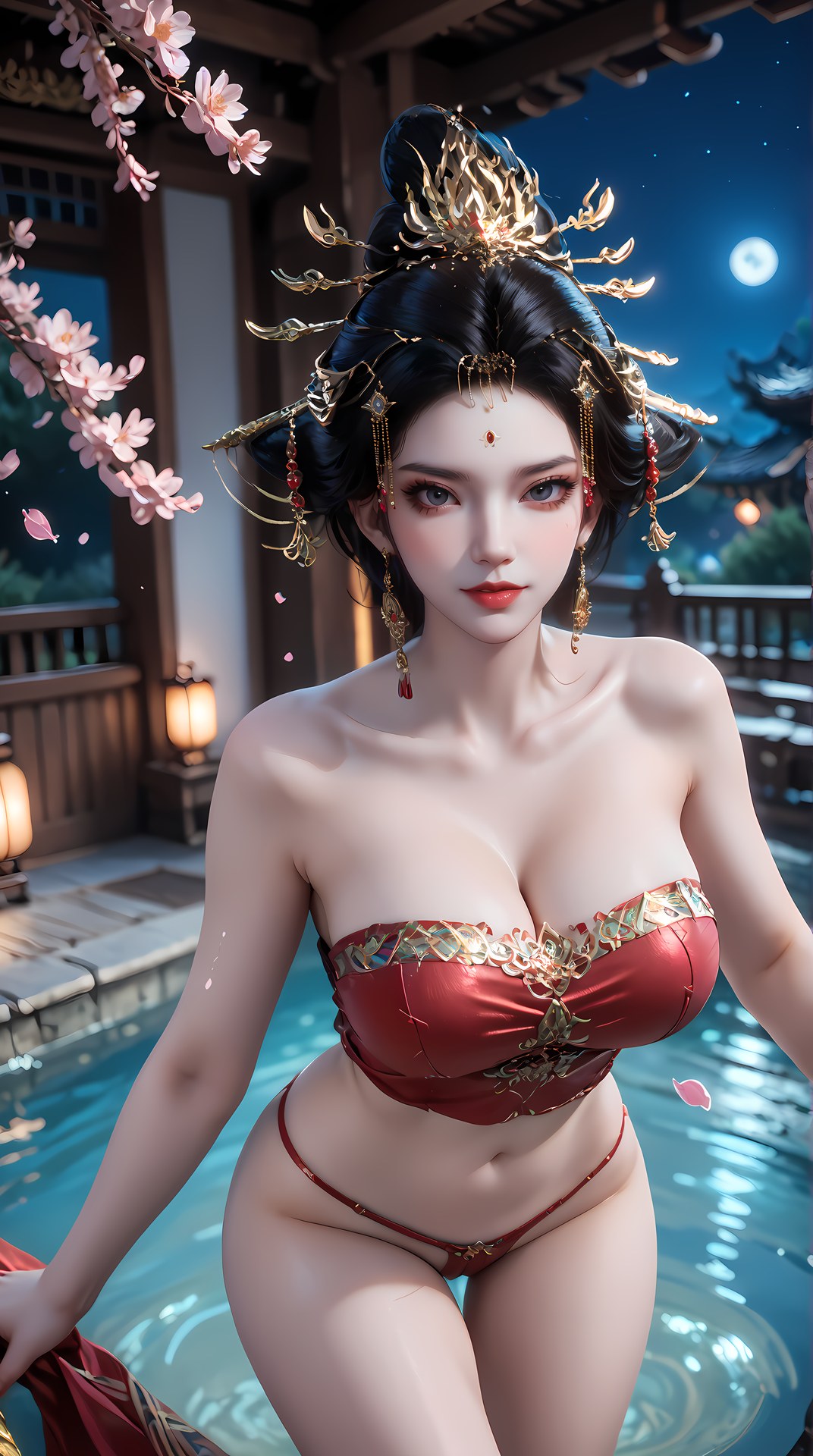 AI Nudes - 장락황후 레드 골드 궁정 수변 AI 누드 갤러리 95P
