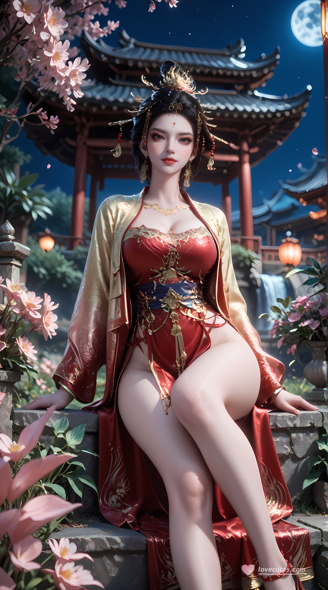 AI Nudes - 장락황후 레드 골드 궁정 수변 AI 누드 갤러리 95P
