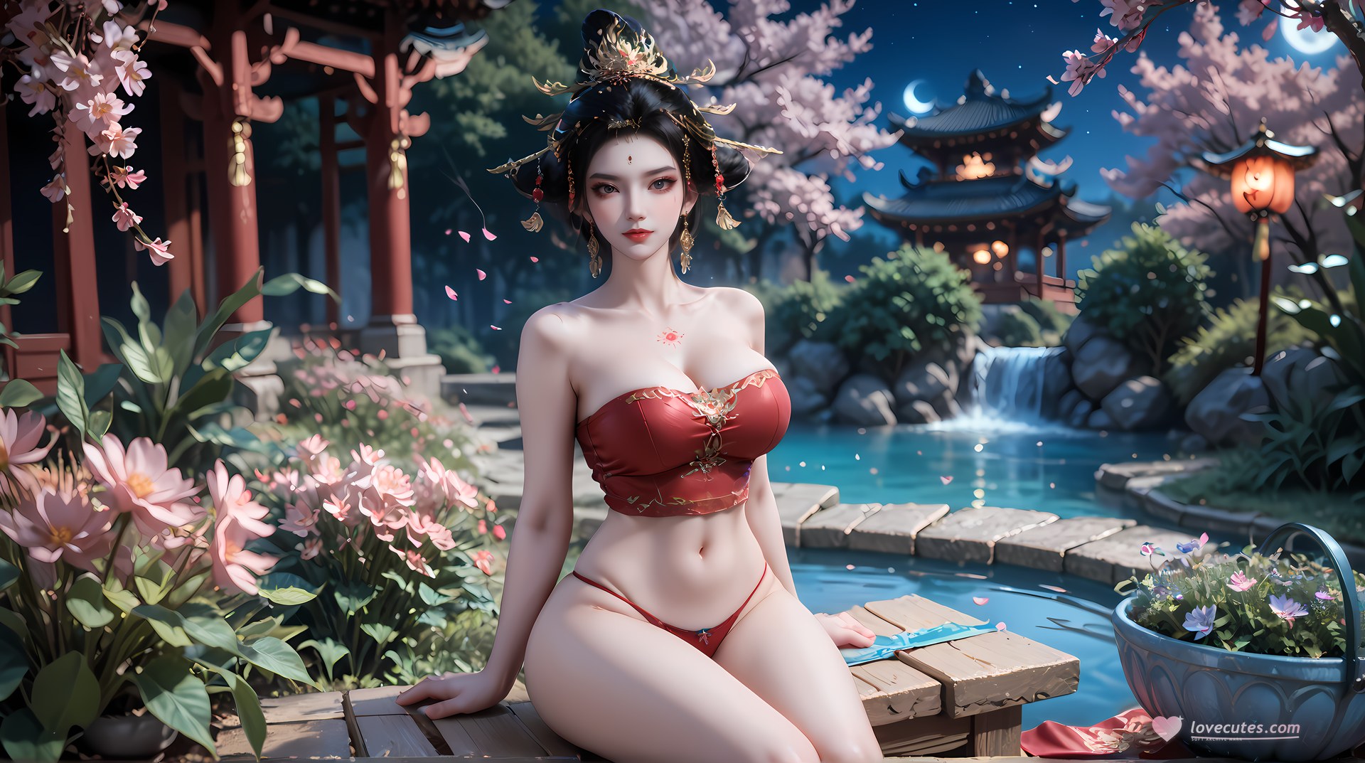 AI Nudes - 장락황후 레드 골드 궁정 수변 AI 누드 갤러리 95P