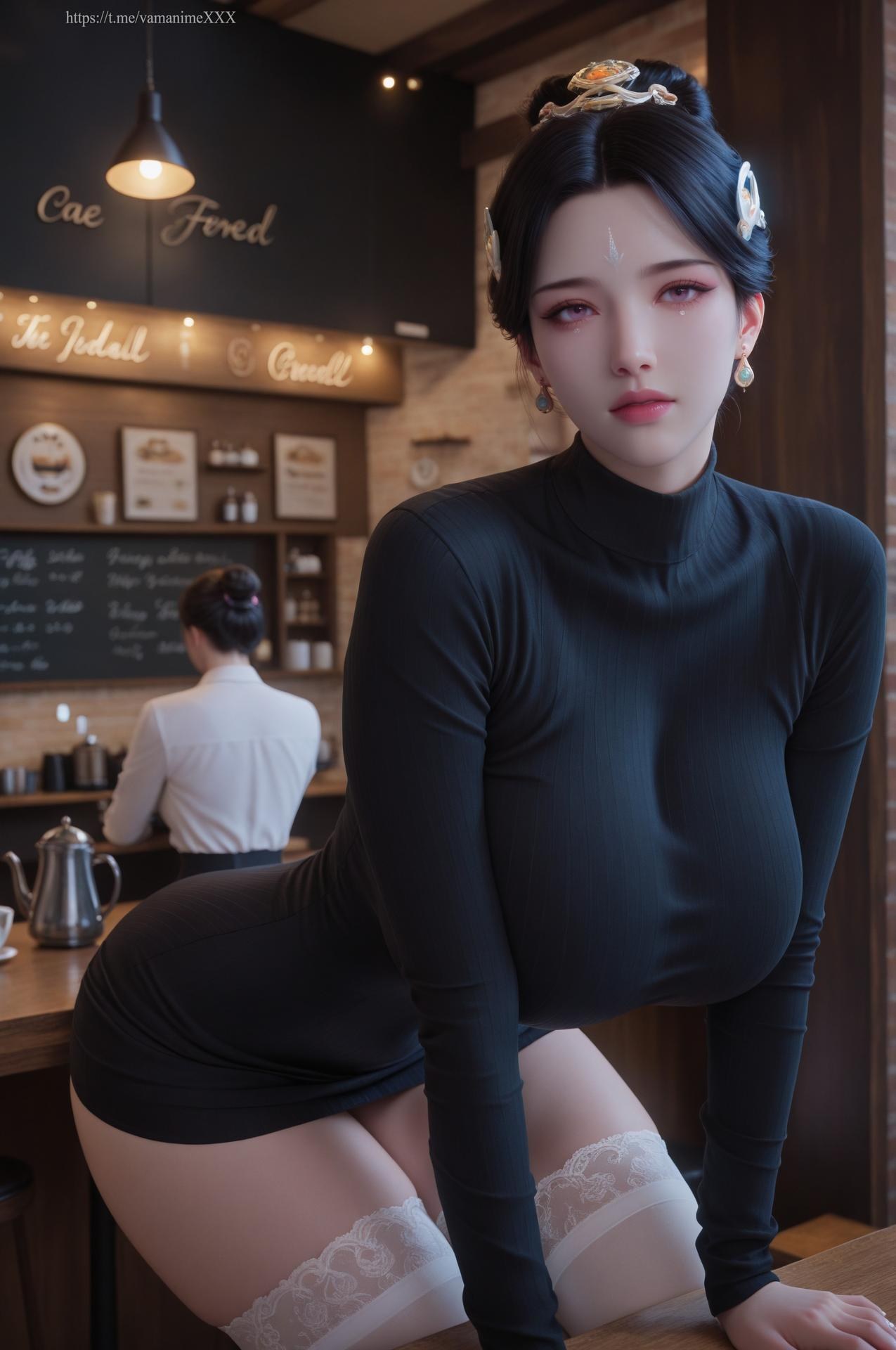 AI Porn - 姑射真人：白絲高领咖啡馆露穴圖集 62P