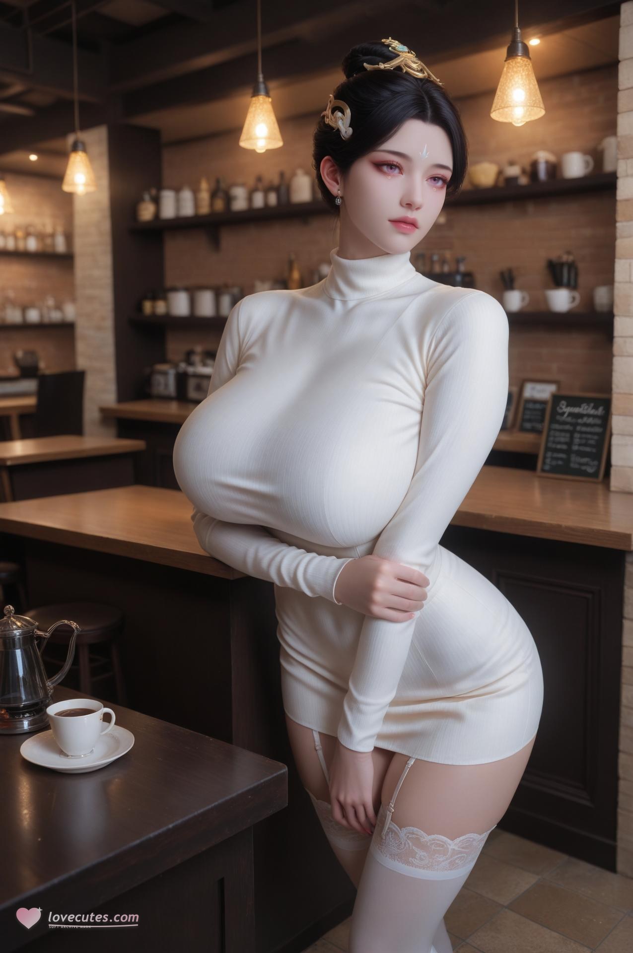 AI Porn - 姑射真人：白絲高领咖啡馆露穴圖集 62P