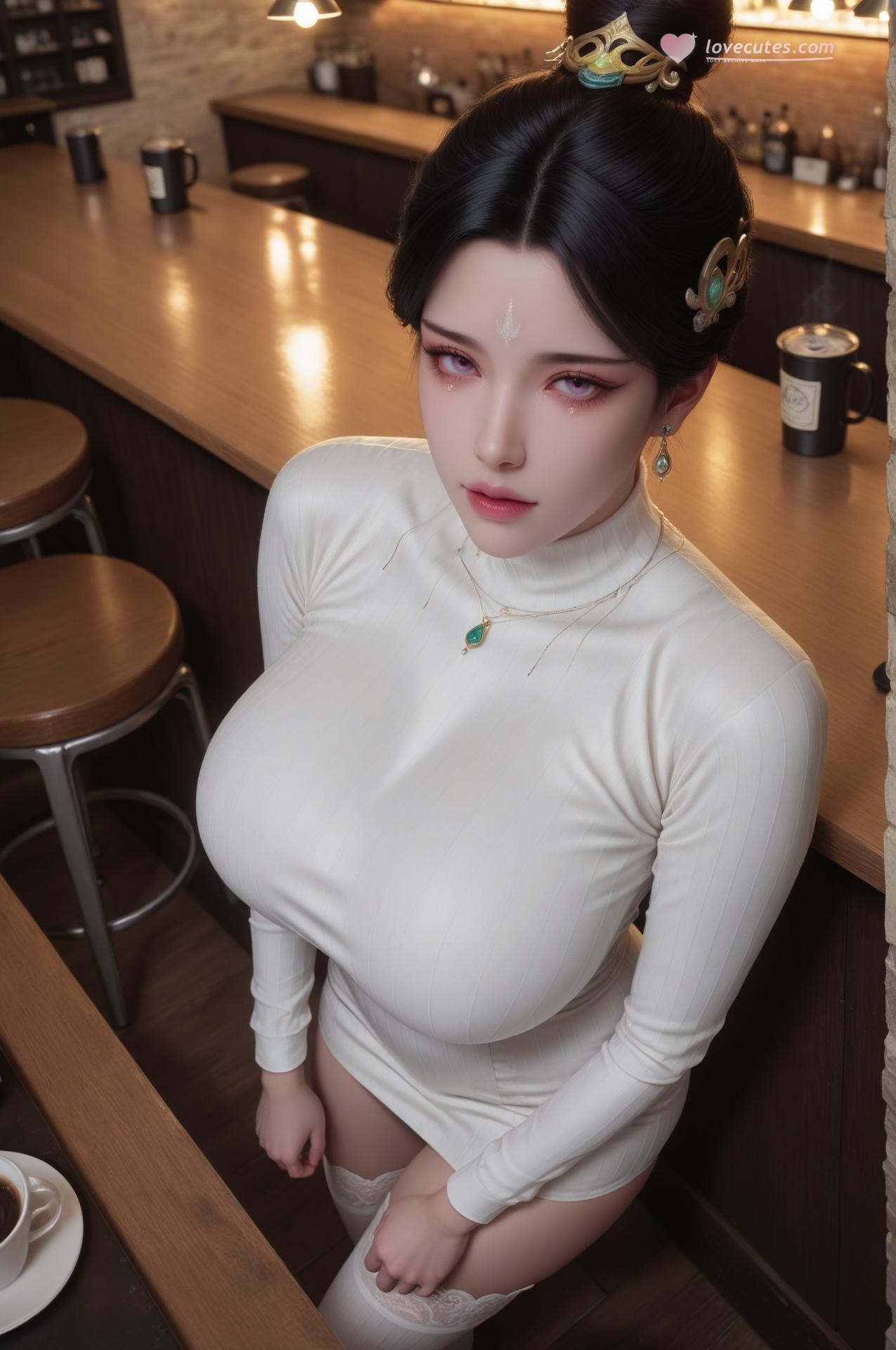 AI Porn - 姑射真人：白絲高领咖啡馆露穴圖集 62P