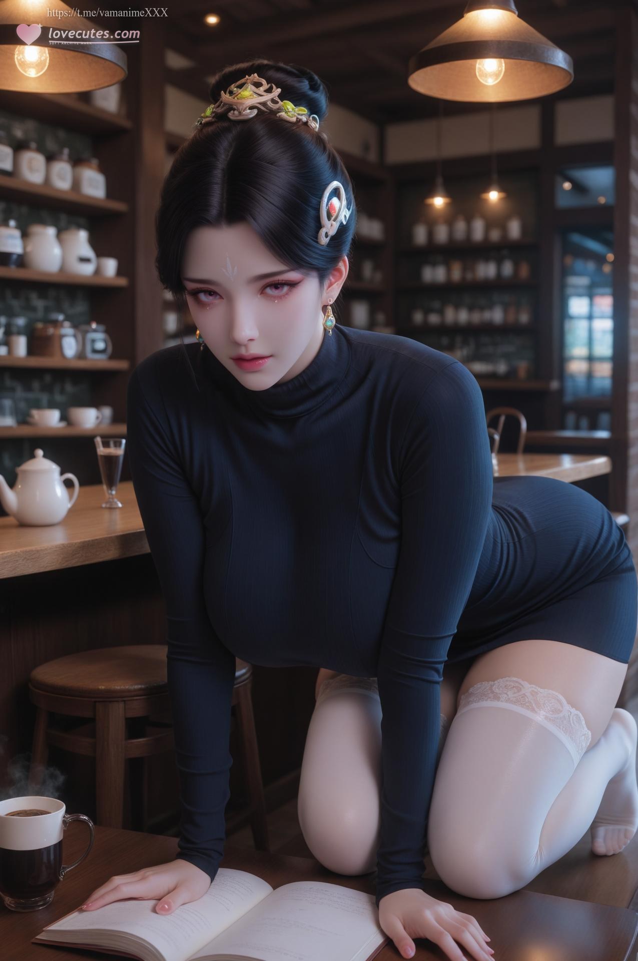 AI Porn - 姑射真人：白絲高领咖啡馆露穴圖集 62P