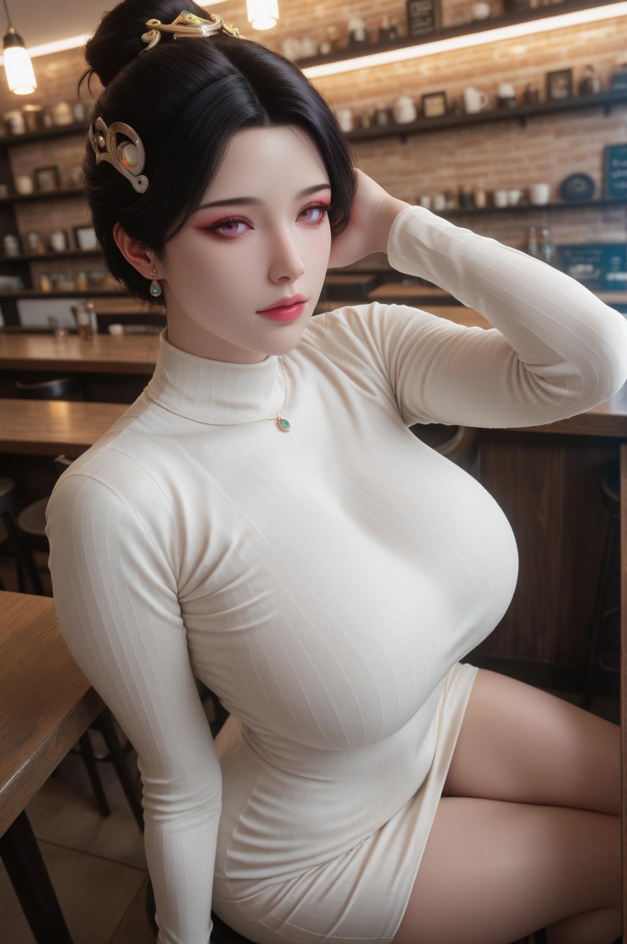 AI Porn - 姑射真人：白絲高领咖啡馆露穴圖集 62P