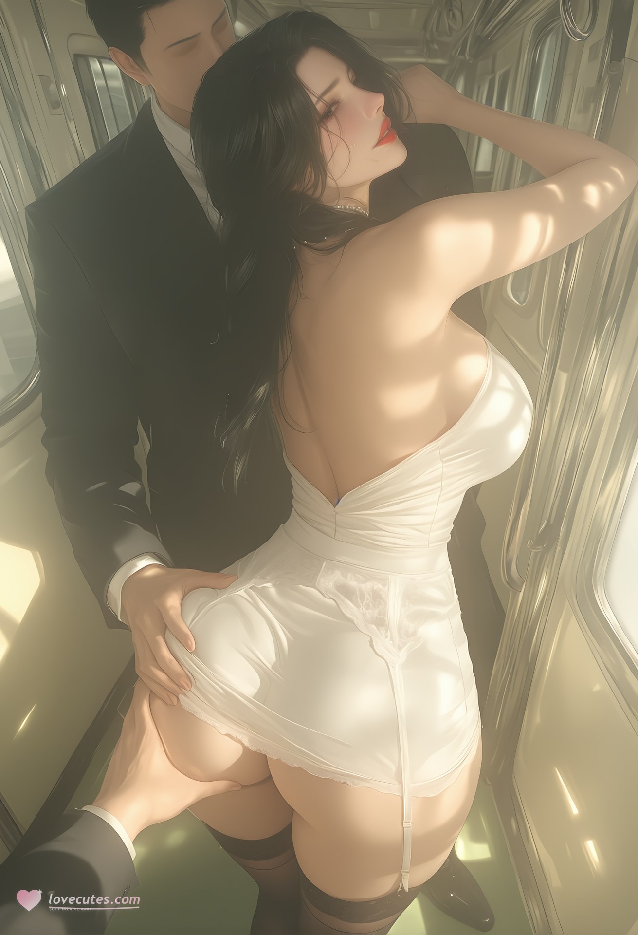 AI Porn - 轻熟风电车：黑发吊带袜列车露穴图集 124P