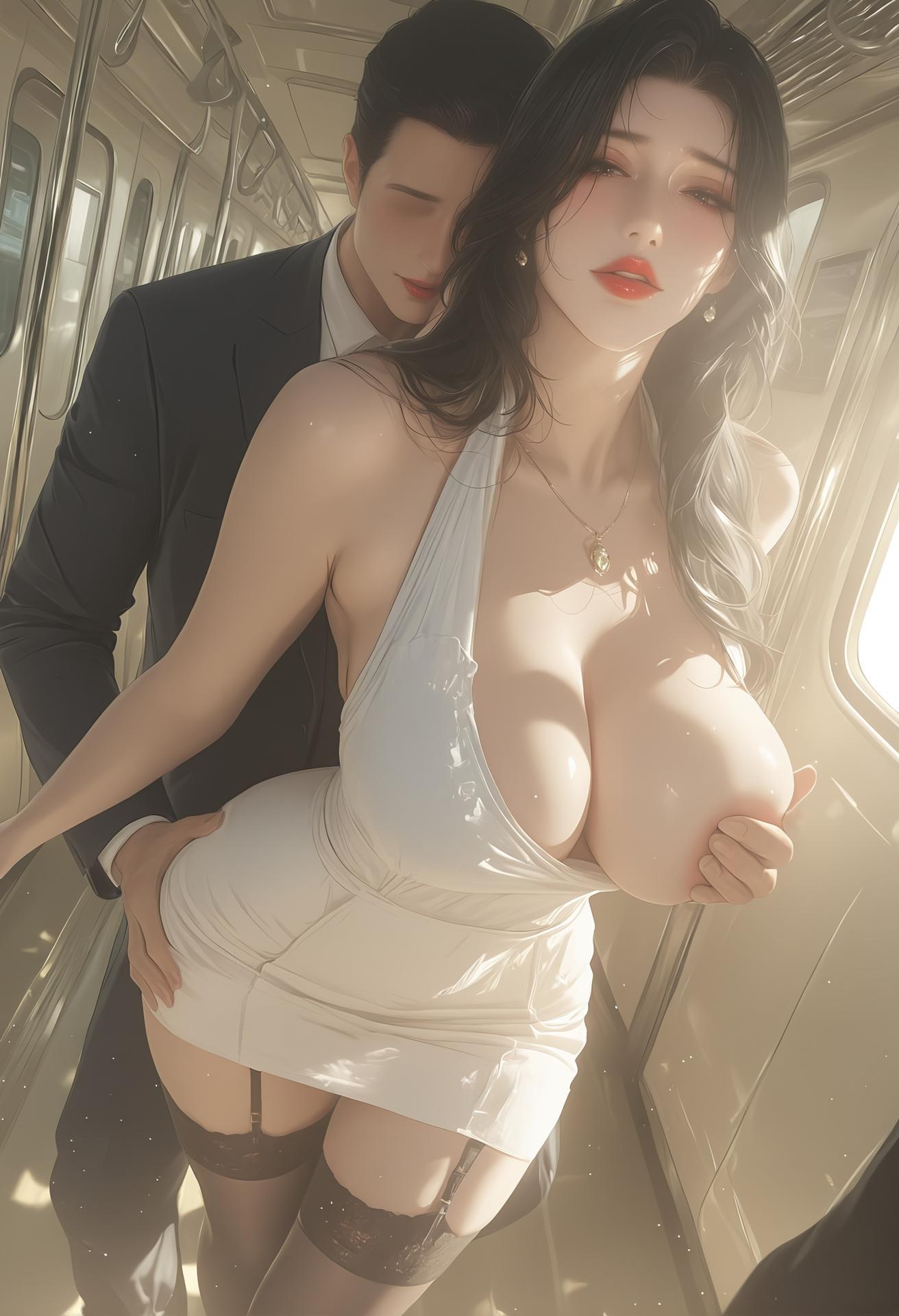 AI Porn - 轻熟风电车：黑发吊带袜列车露穴图集 124P