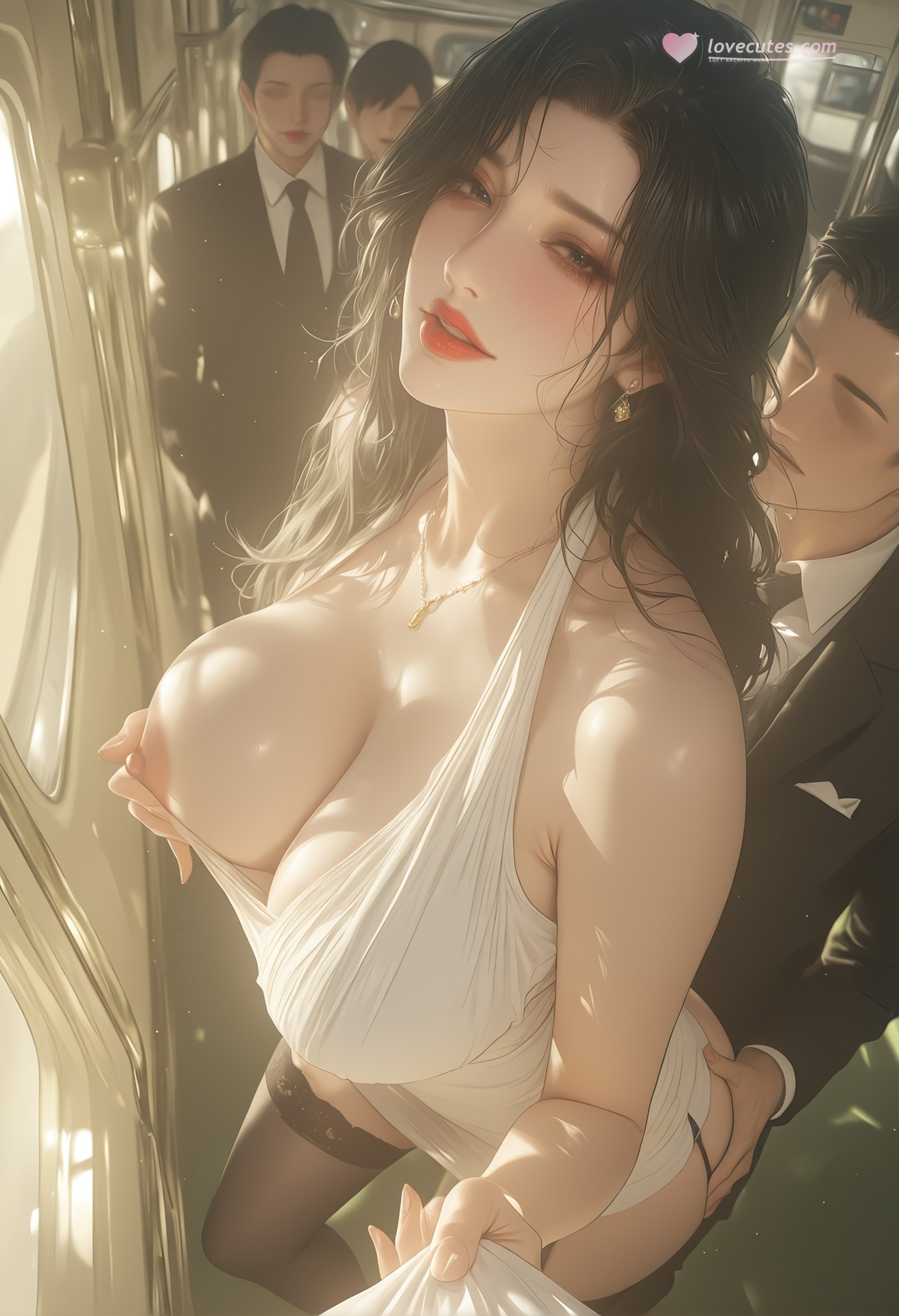 AI Porn - 轻熟风电车：黑发吊带袜列车露穴图集 124P