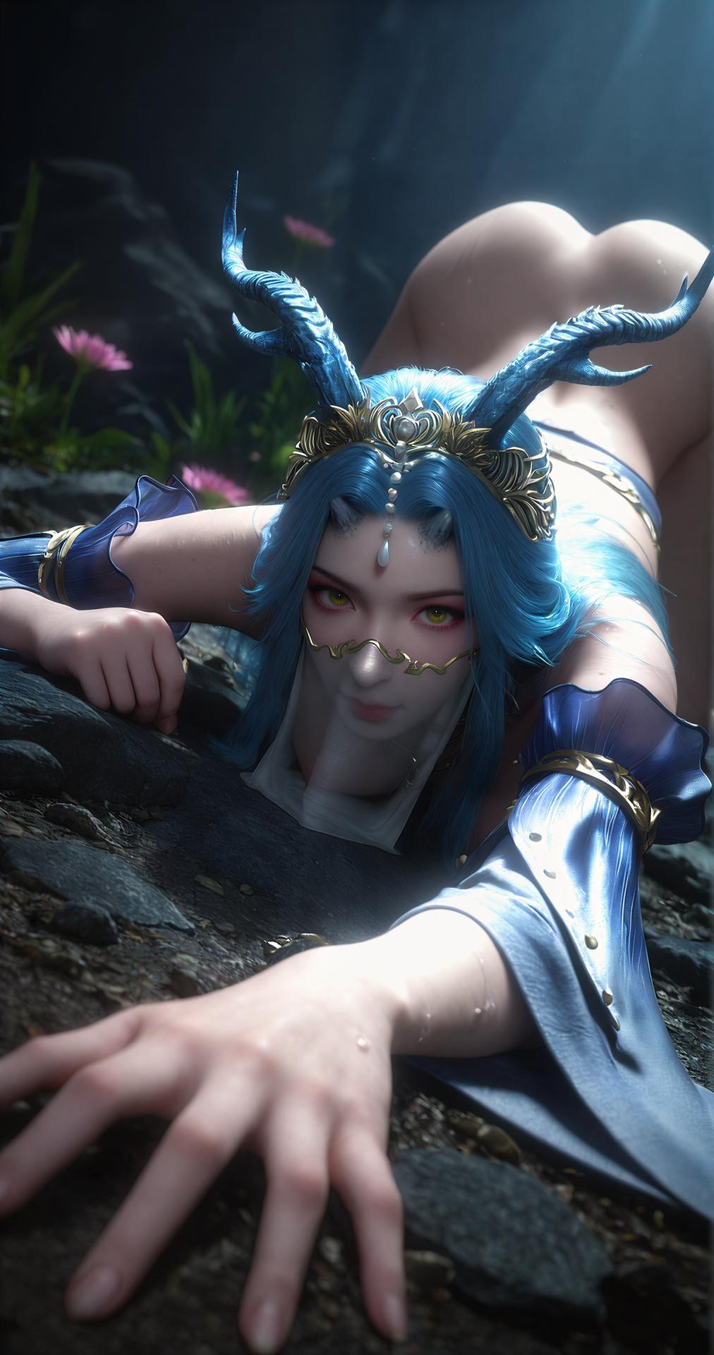 AI Porn - Perfect World Dragon Girl Blue Hair Veil Cave 100P