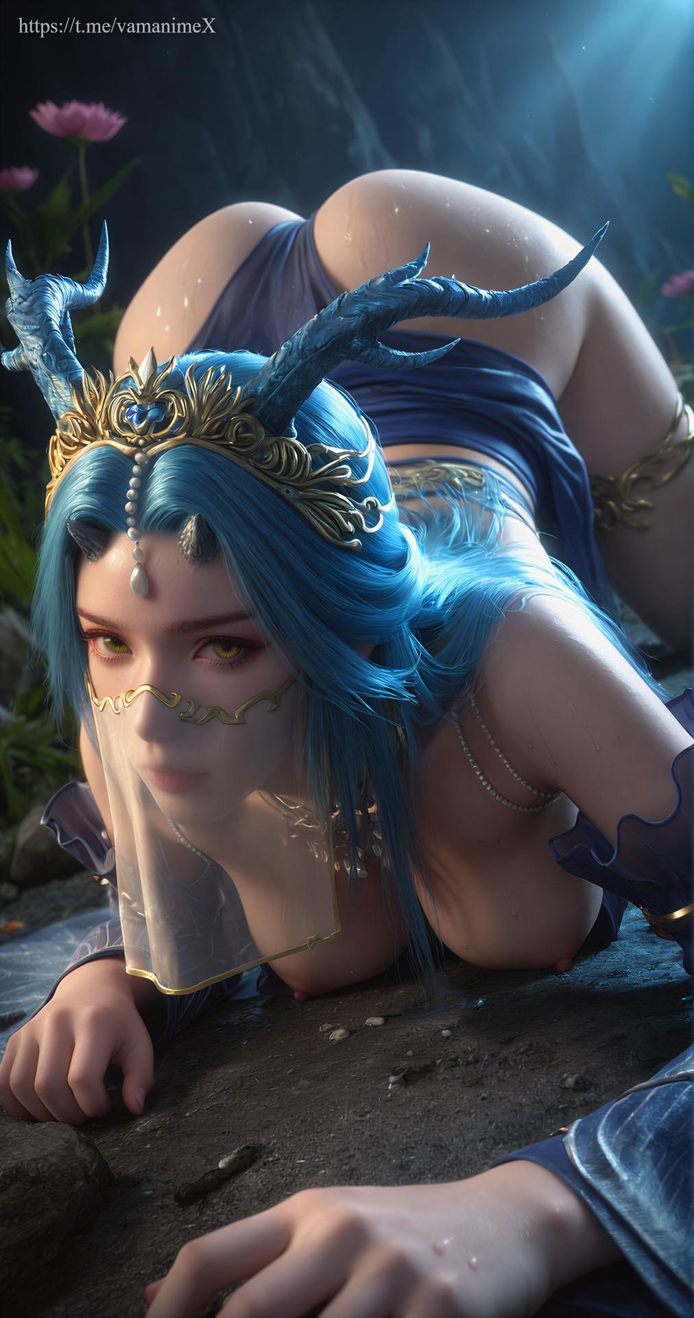 AI Porn - Perfect World Dragon Girl Blue Hair Veil Cave 100P
