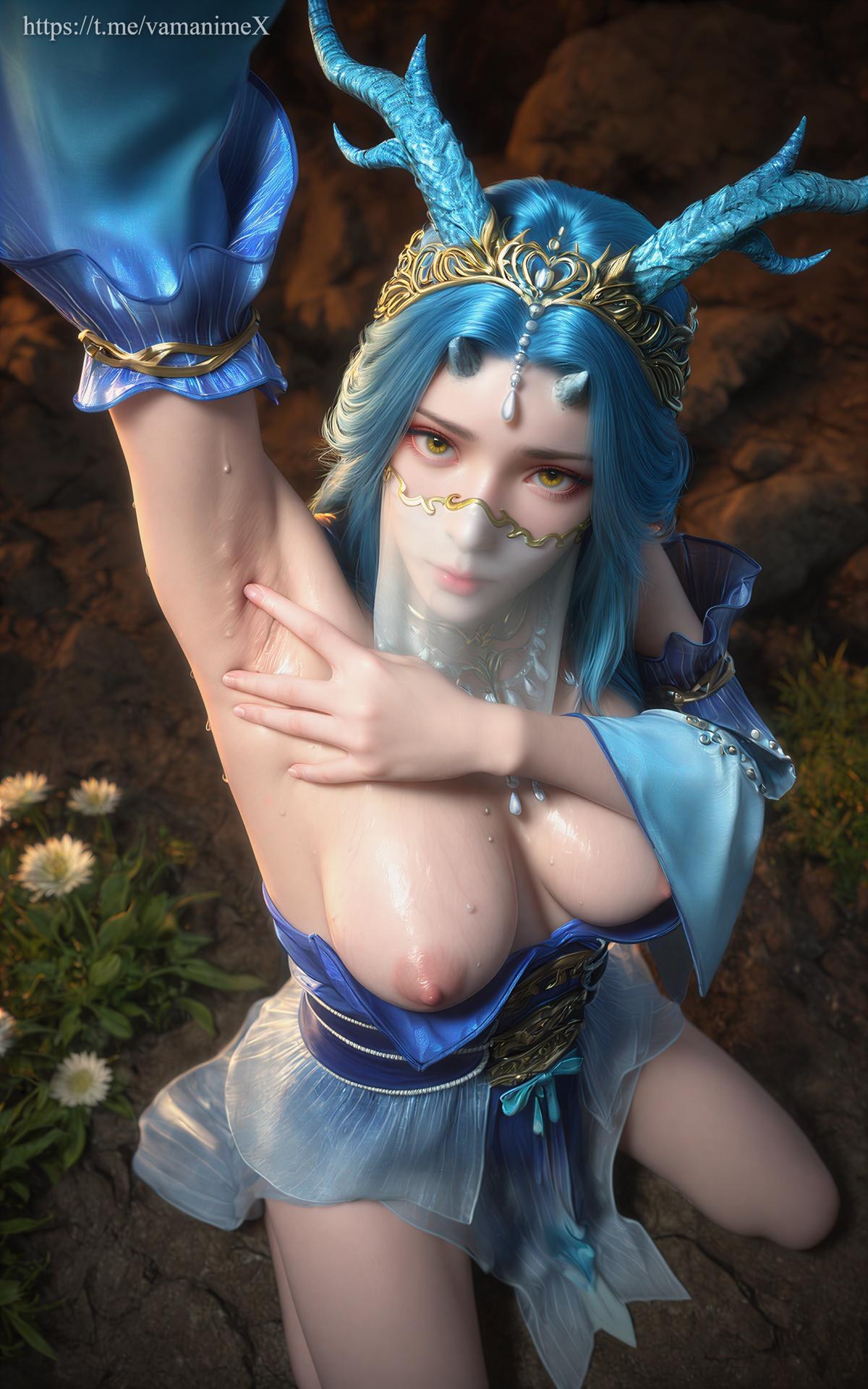 AI Porn - 完美世界 龍女 の青髪ベール洞窟AI成人画像集 100P